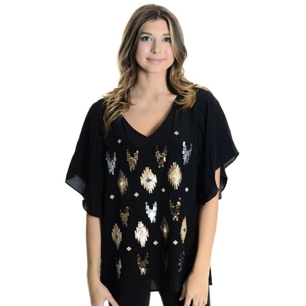 Fifteen-Twenty Black Silk Flutter Sleeve Top L
